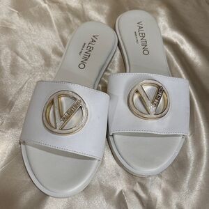 Valentino White and Gold Slide Sandals